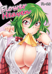 Rule 34 | 1girl, ascot, blush, breasts, cover, cover page, female focus, green hair, highres, kazami yuuka, large breasts, mokei, mouth hold, no bra, open clothes, open shirt, red eyes, shirt, short hair, smile, solo, touhou, vest