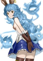Rule 34 | 10s, 1girl, animal ears, bad id, bad pixiv id, bare shoulders, blue hair, blue skirt, brown eyes, brown gloves, brown thighhighs, earrings, erune, ferry (granblue fantasy), from behind, frown, ghost, gloves, granblue fantasy, jewelry, long hair, simple background, single earring, skirt, solo, thighhighs, wasabi60, wavy hair, white background, zettai ryouiki