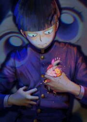 Rule 34 | 1boy, black hair, blue eyes, blunt bangs, blush, bowl cut, character print, clothes grab, commentary, crushing, english commentary, flower, flower request, gakuran, hand on own chest, hands up, highres, holding, holding flower, kageyama shigeo, kay tee kat, long sleeves, looking at viewer, looking down, male focus, mob psycho 100, petals, pink flower, red flower, rose, school uniform, short hair, sweat, symbolism, takane tsubomi, twitter username, upper body, white flower, yellow flower