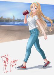 Rule 34 | 1girl, alternate costume, blonde hair, blue eyes, breasts, cup, denim, disposable cup, drinking straw, elizabeth tower, hairband, highres, holding, holding cup, jeans, kamo mayor, kantai collection, london, long hair, medium breasts, nelson (kancolle), pants, print footwear, shirt, shoes, short sleeves, sneakers, solo, t-shirt, union jack print, very long hair, walking, white shirt