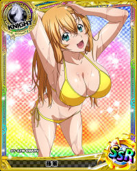 Rule 34 | 1girl, armpits, bikini, blue eyes, breasts, card (medium), character name, chess piece, high school dxd, ikkitousen, knight (chess), large breasts, long hair, looking at viewer, navel, official art, open mouth, orange hair, smile, solo, sonsaku hakufu, source request, swimsuit, trading card, wet, yellow bikini