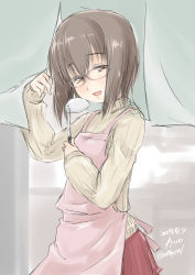 Rule 34 | 1girl, alternate costume, apron, beige sweater, bespectacled, brown eyes, brown hair, cowboy shot, fyuo, glasses, highres, kantai collection, ladle, looking at viewer, noren, one-hour drawing challenge, pink apron, red skirt, ribbed sweater, short hair, skirt, smile, solo, sweater, taihou (kancolle)