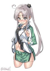 Rule 34 | 10s, 1girl, ahoge, akitsushima (kancolle), armpits, bad id, bad twitter id, blush, breasts, buttons, chrysanthemum, closed mouth, clothes lift, collarbone, cowboy shot, cropped legs, double-breasted, ebifurya, flower, gloves, grey eyes, grey hair, hair ornament, highres, inactive account, jacket, kantai collection, kikumon, lifting own clothes, long hair, long sleeves, medium breasts, military, military uniform, miniskirt, navel, see-through, sidelocks, simple background, skirt, solo, stomach, sweat, tears, twintails, twitter username, uniform, very long hair, white background, white gloves