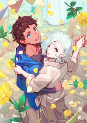 2boys absurdres bags_under_eyes black_eyes black_hair blue_eyes curly_hair dancing dark-skinned_male dark_skin dungeon_meshi elf falling_petals flower from_above grey_hair highres holding_hands kabru lazy_eye long_sleeves looking_up male_focus mithrun multiple_boys notched_ear outdoors pants petals pointy_ears shirt short_hair tsmn_dvl uneven_eyes yaoi