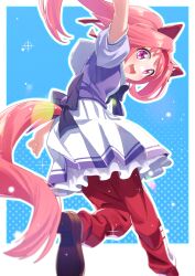 Rule 34 | 1girl, absurdres, animal ears, arm up, back bow, blue background, border, bow, brown footwear, clothing cutout, commentary request, ear bow, ear covers, flower-shaped pupils, freely2327, hairband, haru urara (umamusume), highres, horse ears, horse girl, horse tail, loafers, long hair, open mouth, outside border, pants, pink eyes, pink hair, pink hairband, ponytail, puffy short sleeves, puffy sleeves, purple bow, purple shirt, red pants, round teeth, school uniform, shirt, shoes, short sleeves, simple background, skirt, smile, solo, standing, standing on one leg, summer uniform, symbol-shaped pupils, tail, tail through clothes, teeth, tracen school uniform, track pants, umamusume, upper teeth only, white border, white bow