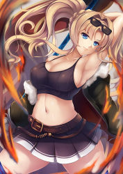 Rule 34 | &gt;:), 10s, 1girl, arm up, armpits, bare shoulders, belt, black skirt, blonde hair, blue eyes, breasts, cleavage, closed mouth, collarbone, cowboy shot, euforia, eyewear on head, floating hair, granblue fantasy, hair intakes, halterneck, holding, holding weapon, jacket, large breasts, long hair, navel, off shoulder, open clothes, open jacket, polearm, ponytail, skirt, solo, spear, sports bra, stomach, sunglasses, v-shaped eyebrows, weapon, zeta (dark) (granblue fantasy), zeta (granblue fantasy)