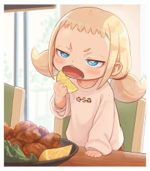 Rule 34 | 1girl, blonde hair, blue eyes, border, child, commentary request, food, fried chicken, fruit, kozato (yu kozato), lemon, long sleeves, low twintails, open mouth, original, shirt, short twintails, solo, twintails, white border, white shirt