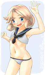 Rule 34 | 1girl, bikini, black neckerchief, blonde hair, blue eyes, blue sailor collar, breasts, cowboy shot, grey background, groin, janus (kancolle), kantai collection, navel, neckerchief, one-hour drawing challenge, open mouth, parted bangs, ray.s, sailor bikini, sailor collar, short hair, small breasts, solo, swimsuit, white bikini