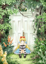Rule 34 | 1girl, alice (alice in wonderland), alice in wonderland, blonde hair, blue eyes, bow, door, dress, female focus, flower, frills, hair bow, mary janes, nature, outdoors, overgrown, panties, pantyshot, plant, shoes, sitting, solo, striped clothes, striped thighhighs, thighhighs, underwear, wing (aiastor)