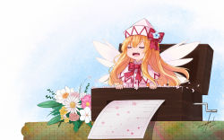Rule 34 | 1girl, :d, absurdres, blonde hair, bow, bowtie, capelet, closed eyes, dated, fairy wings, flower, hat, highres, lily white, long hair, mini person, minigirl, music box, open mouth, red bow, red bowtie, signature, smile, solo, sourfish, teeth, touhou, upper teeth only, white capelet, white hat, white wings, wings