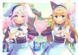 Rule 34 | + +, 2girls, animal ear fluff, animal ears, apron, balloon, black dress, black hairband, blonde hair, blue eyes, blurry, blurry background, blush, closed mouth, commentary request, commission, copyright request, depth of field, dress, frilled apron, frilled hairband, frills, hair between eyes, hairband, heart, heart balloon, heart hands, juliet sleeves, kou hiyoyo, long hair, long sleeves, maid, multiple girls, puffy sleeves, purple eyes, purple hair, rabbit ears, skeb commission, smile, thick eyebrows, very long hair, virtual youtuber, white apron