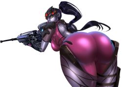 Rule 34 | 1girl, ass, black hair, bodysuit, breasts, colored skin, gun, looking back, overwatch, ponytail, purple skin, rifle, shadman, shiny clothes, simple background, sniper rifle, solo, thighs, vambraces, visor, weapon, white background, widowmaker (overwatch), yellow eyes