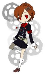 Rule 34 | 1girl, armband, brown hair, chibi, daizan (mount position), evoker, gears, hair ornament, hairclip, headphones, headphones around neck, holster, kneehighs, loafers, persona, persona 3, persona 3 portable, persona q: shadow of the labyrinth, persona q (series), red eyes, s.e.e.s, school uniform, shiomi kotone, shoes, short hair, skirt, socks, solo