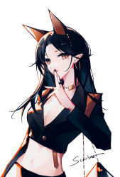 Rule 34 | 1girl, absurdres, animal ears, arknights, bad id, bad pixiv id, bag, beauty spot, black hair, black nails, breasts, cleavage, covering own mouth, dobermann (arknights), dog ears, hand over own mouth, handbag, highres, jacket, jewelry, long eyelashes, long hair, looking at viewer, midriff, mole, mole under eye, multiple ears, nail polish, necklace, open mouth, orange eyes, pixiv id 58972754, pointy ears, ring, simple background, solo, white background