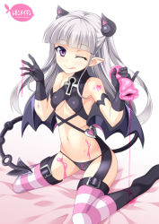 Rule 34 | 10s, 1girl, :p, ;p, ankh, aoi masami, artificial vagina, bare shoulders, belt, black gloves, black panties, breasts, demon girl, demon tail, demon wings, gloves, hair ornament, heart, keyhole, long hair, looking at viewer, naruse maria, navel, one eye closed, panties, pointy ears, purple eyes, sex toy, shinmai maou no testament, silver hair, sitting, small breasts, smile, solo, tail, thighhighs, tongue, tongue out, underwear, wings