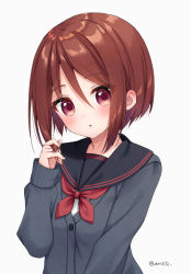 Rule 34 | 1girl, :o, bad id, bad pixiv id, black sailor collar, blush, brown eyes, brown hair, cardigan, commentary request, grey background, grey cardigan, hair between eyes, hand in own hair, hand up, head tilt, long sleeves, looking at viewer, neckerchief, parted lips, princess connect!, red neckerchief, sailor collar, school uniform, serafuku, shiori (princess connect!), shiori (real) (princess connect!), shirt, short hair, simple background, sleeves past wrists, solo, twitter username, upper body, white shirt, yumoran
