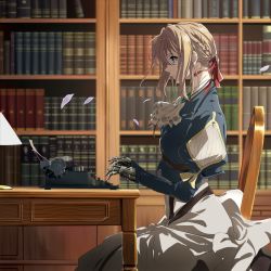 Rule 34 | 1girl, absurdres, album cover, anime coloring, blonde hair, blue eyes, blue jacket, book, bookshelf, braid, brooch, chair, cleaned, cover, dress, falling petals, from side, hair between eyes, hair intakes, hair ribbon, highres, jacket, jewelry, lamp, lampshade, letter, mechanical arms, mechanical hands, necklace, official art, paper, paper stack, petals, prosthesis, prosthetic arm, prosthetic hand, red ribbon, ribbon, sidelocks, single mechanical hand, sitting, skirt, table, typewriter, violet evergarden, violet evergarden (series), white dress, white neckwear, white skirt, yuuri-622