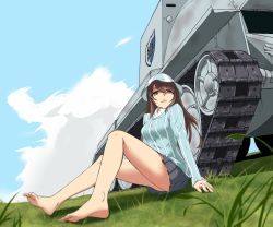 Rule 34 | 10s, 1girl, arm support, bad id, bad pixiv id, barefoot, black eyes, black hair, black skirt, blue hat, breasts, bt-42, cloud, day, den (kur0 yuki), full body, girls und panzer, grass, hat, long hair, long sleeves, looking at viewer, medium breasts, mika (girls und panzer), military, military vehicle, miniskirt, motor vehicle, outdoors, shirt, sidelocks, sitting, skirt, smile, solo, striped clothes, striped shirt, tank, vertical-striped clothes, vertical-striped shirt
