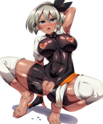 Rule 34 | 1girl, abs, bad id, bad pixiv id, barefoot, bea (pokemon), black gloves, bodysuit, bodysuit under clothes, breasts, censored, clitoris, clothing cutout, covered navel, creatures (company), dark-skinned female, dark skin, game freak, gloves, grey eyes, grey hair, gym leader, hairband, heart cutout, highres, large breasts, looking at viewer, magukappu, mosaic censoring, nintendo, nipples, pokemon, pokemon swsh, pussy, ribbon, shiny skin, shirt, short hair, short sleeves, shorts, simple background, skin tight, solo, spread legs, sweat, thick thighs, thighs, white background, white shirt, wristband