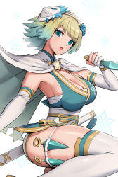 Rule 34 | 1girl, alternate breast size, alternate costume, blonde hair, blue eyes, blue hair, breasts, cape, cleavage, elbow gloves, female focus, fire emblem, fire emblem heroes, fjorm (fire emblem), gloves, gonzarez, gradient hair, highres, holding, holding weapon, knife belt, kunai, large breasts, multicolored hair, ninja, nintendo, official alternate costume, reverse grip, short hair, shuriken, simple background, skindentation, solo, thigh strap, thighhighs, thighs, weapon, white background