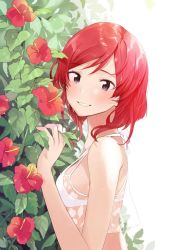 Rule 34 | 10s, 1girl, bad id, bikini, blush, breasts, flower, fly 333, from side, grin, hibiscus, looking at viewer, love live!, love live! school idol project, md5 mismatch, nishikino maki, purple eyes, red hair, resolution mismatch, see-through, sideboob, simple background, smile, solo, strap gap, swept bangs, swimsuit, upper body, waifu2x, white bikini