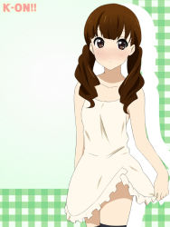 Rule 34 | 1girl, apron, blush, brown eyes, brown hair, extra, face, female focus, gradient background, ikari manatsu, k-on!, naked apron, revision, short twintails, solo, twintails, wakaouji ichigo, white background
