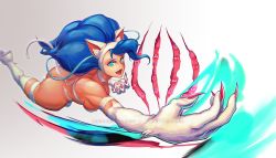 Rule 34 | 1girl, animal ears, animal hands, ass, bare shoulders, blue hair, breasts, cat ears, cat tail, claws, felicia (vampire), green eyes, hybridmink, long hair, looking at viewer, tail, vampire (game), very long hair, white fur