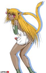 Rule 34 | 1girl, agent orange, animal ears, apron, ass, blonde hair, cat ears, cat tail, censored, dark skin, elbow gloves, erection, futanari, gloves, newhalf, penis, pink eyes, simple background, solo, tail
