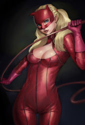 Rule 34 | 10s, 1girl, blonde hair, blue eyes, bodysuit, breasts, cat mask, cleavage, cleavage cutout, clothing cutout, dark background, domino mask, female focus, gloves, latex, latex suit, licking lips, looking at viewer, mask, medium breasts, open mouth, persona, persona 5, phamoz, solo, standing, takamaki anne, tongue, tongue out, twintails, whip, zipper