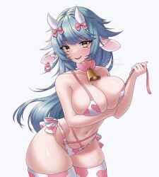 Rule 34 | 1girl, animal ears, animal print, bell, bikini, breasts, cleavage, collar, cow ears, cow girl, cow horns, cow print, cowbell, ear tag, heart, highres, horns, indie virtual youtuber, large breasts, long hair, miiikaccino, milkie (vtuber), mole, mole under eye, navel, neck bell, parted lips, pink bikini, pink collar, pink thighhighs, second-party source, side-tie bikini bottom, solo, swimsuit, teeth, thighhighs, two-tone bikini, two-tone thighhighs, undone bikini, upper teeth only, virtual youtuber, white bikini, white thighhighs, yellow eyes