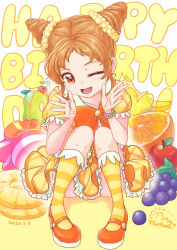 Rule 34 | 1girl, ;d, aikatsu!, aikatsu! (series), apple, arisugawa otome, banana, birthday, bow, bowtie, bracelet, candy, commentary, dated, double bun, dress, english text, food, foreshortening, frilled dress, frills, fruit, grapes, hair bun, hair ornament, hair scrunchie, happy birthday, idol, jewelry, knees together feet apart, knees up, loafers, mizuki maya, multicolored background, one eye closed, open mouth, orange (fruit), orange bow, orange bowtie, orange eyes, orange hair, oversized food, oversized object, pineapple, pineapple slice, plaid, plaid dress, puffy short sleeves, puffy sleeves, scrunchie, shoes, short sleeves, signature, sitting, smile, socks, solo, striped clothes, striped legwear, striped socks, two-tone background, waving, white background, wrapped candy, yellow background, yellow dress, yellow legwear, yellow scrunchie