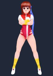 Rule 34 | 1girl, 3d, animated, animated gif, artist request, blue background, blush, brown hair, crossed arms, female focus, headband, leotard, looking at viewer, patterned legwear, red eyes, shoes, simple background, socks, solo, standing, striped clothes, striped socks, takaya noriko, top wo nerae!, wristband