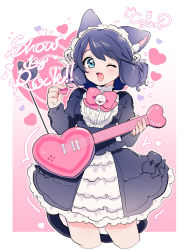 Rule 34 | 10s, 1girl, ;3, ;d, animal ears, bell, blue eyes, blue hair, border, bow, cat ears, cat tail, character name, collar, copyright name, curly hair, cyan (show by rock!!), dress, frilled dress, frills, gradient background, guitar, headband, heart, highres, instrument, jingle bell, looking at viewer, matching hair/eyes, miyako (xxxbibit), one eye closed, open mouth, outside border, pink background, pink bow, ribbon, short hair, show by rock!!, smile, solo, strawberry heart (show by rock!!), tail, white background, white border