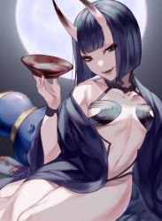 Rule 34 | 1girl, alcohol, artist request, bare shoulders, bob cut, breasts, collarbone, cup, eyeliner, fate/grand order, fate (series), full moon, gourd, highres, horns, japanese clothes, kimono, long sleeves, looking at viewer, makeup, moon, navel, night, night sky, off shoulder, oni, open clothes, open kimono, open mouth, purple eyes, purple hair, purple kimono, revealing clothes, sakazuki, sake, short hair, shuten douji (fate), skin-covered horns, sky, small breasts, smile, thighs, wide sleeves