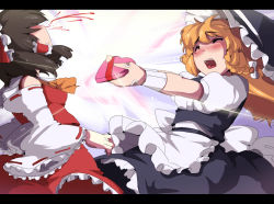 Rule 34 | 2girls, bandaid, bandaid on hand, black hair, blonde hair, blood, blush, bow, braid, detached sleeves, closed eyes, female focus, hair bow, hakurei reimu, hat, japanese clothes, kirisame marisa, letterboxed, light, long hair, magukappu, miko, multiple girls, nosebleed, outstretched arms, short hair, touhou, valentine, witch, witch hat, wrist cuffs