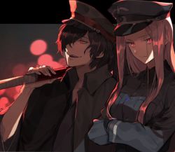 Rule 34 | 1boy, 1girl, black hair, black jacket, closed mouth, fate/grand order, fate (series), gloves, hair over one eye, hat, holding, holding weapon, jacket, long hair, looking at viewer, medusa (fate), medusa (rider) (fate), military, military hat, military uniform, okada izou (fate), open mouth, ponytail, purple hair, red eyes, square pupils, uniform, weapon, ya 4004