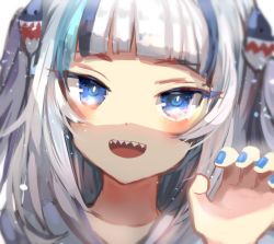 Rule 34 | 1girl, absurdres, blue eyes, blue hair, blue nails, claw pose, collarbone, commentary, english commentary, gawr gura, hair ornament, hand up, highres, hololive, hololive english, long hair, looking at viewer, multicolored hair, nail polish, pekerika, portrait, silver hair, simple background, solo, streaked hair, two side up, virtual youtuber, white background