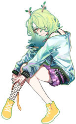 Rule 34 | 1girl, alternate costume, antlers, ceres fauna, closed mouth, commentary, eus ing, fishnet thighhighs, fishnets, green hair, hair over one eye, high tops, highres, hololive, hololive english, horns, invisible chair, jacket, knees together feet apart, legs, long hair, long sleeves, looking at viewer, miniskirt, mole, mole under eye, open clothes, open jacket, pink skirt, plaid, plaid skirt, pleated skirt, purple skirt, shoes, sitting, skirt, smile, sneakers, solo, striped clothes, striped thighhighs, thighhighs, virtual youtuber, white jacket, yellow eyes, yellow footwear