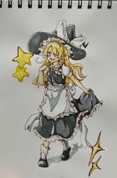 Rule 34 | blonde hair, bobby socks, colored pencil (medium), drawing, highres, holding, holding clothes, kirisame marisa, looking at viewer, marisa day, mary janes, mitsukichi 328, shoes, short sleeves, smile, socks, sparkling eyes, sparks, star (symbol), touhou, traditional media, white socks, witch, yellow eyes