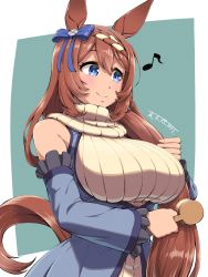 Rule 34 | 1girl, animal ears, blue bow, blue eyes, bow, braid, breasts, brown hair, brushing hair, brushing own hair, closed mouth, detached sleeves, fingernails, hair between eyes, hair bow, hair brush, highres, horse ears, horse girl, large breasts, long hair, maki yoshitake, musical note, smile, solo, super creek (umamusume), tail, translation request, umamusume, upper body, very long hair