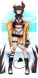 Rule 34 | 1girl, absurdres, belt, bikini, bikini top only, black hair, breasts, cup, demon girl, demon horns, demon tail, detached sleeves, drinking straw, ehrrr, fingerless gloves, glass, gloves, highres, holding, holding cup, horns, jacket, medium breasts, misery-chan, navel, off shoulder, open clothes, open jacket, original, piercing, round eyewear, scarf, short shorts, shorts, solo, standing, swimsuit, tail, tail ornament, tail piercing, thigh strap, toeless footwear, yellow eyes