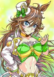 Rule 34 | 1girl, absurdres, aqua eyes, blush, bow, breasts, brown hair, choker, commentary request, crop top, green bow, green shirt, hair between eyes, hand on own hip, hat, hat bow, highres, jacket, jose (joseeidossei), long hair, looking at viewer, medium breasts, midriff, mini hat, mini top hat, mr. c.b. (umamusume), navel, open clothes, open jacket, partial commentary, shirt, smile, solo, stomach, strapless, strapless shirt, top hat, umamusume, upper body, very long hair, white hat, white jacket, wrist cuffs, yellow choker