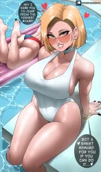 2girls absurdres android_18 android_21 ass black_nails blonde_hair blue_eyes bracelet breasts dragon_ball dragon_ball_fighterz echo_saber english_text from_above heart highres jewelry legs_up looking_at_viewer multiple_girls pool short_hair thighs water