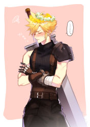 Rule 34 | ..., 1boy, armor, bandaged arm, bandages, belt, blonde hair, blue pants, blue shirt, blush, border, brown gloves, buster sword, closed eyes, cloud strife, cowboy shot, crossed arms, earrings, final fantasy, final fantasy vii, final fantasy vii remake, gloves, hair between eyes, head wreath, highres, jewelry, male focus, multiple belts, muscular, muscular male, pants, pink background, shi3ashi3a, shirt, short hair, shoulder armor, single bare shoulder, single earring, sleeveless, sleeveless turtleneck, solo, spiked hair, standing, suspenders, sweatdrop, turtleneck, weapon, weapon on back