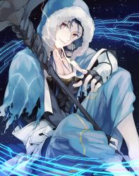 Rule 34 | 1boy, blue hair, capelet, cu chulainn (caster) (fate), cu chulainn (fate), cu chulainn (fate/stay night), fate/grand order, fate (series), fingerless gloves, fur trim, gloves, gradient background, highres, hood, long hair, male focus, red eyes, sitting, smile, solo, staff, wowishi