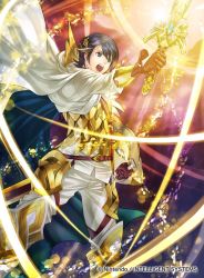 Rule 34 | 1boy, alfonse (fire emblem), armor, belt, blonde hair, blue eyes, blue hair, boots, cape, commentary, company connection, copyright name, fire emblem, fire emblem cipher, fire emblem heroes, gloves, hair ornament, holding, holding sword, holding weapon, kita senri, knee boots, long sleeves, male focus, multicolored hair, nintendo, official art, open mouth, pants, scale armor, shield, solo, sword, weapon