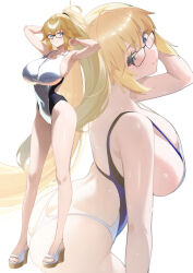 absurdres armpits arms_up bare_arms bare_legs bare_shoulders blonde_hair blue_eyes blush closed_mouth fate/grand_order fate_(series) full_body glasses highleg highleg_one-piece_swimsuit highres jeanne_d&#039;arc_(fate) jeanne_d&#039;arc_(swimsuit_archer)_(fate) kurozawa_yui long_hair looking_at_viewer multiple_views one-piece_swimsuit ponytail smile standing swimsuit thighs toes white_background white_one-piece_swimsuit