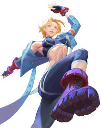 Rule 34 | 1girl, abs, arm up, asymmetrical gloves, black choker, black gloves, black sports bra, blonde hair, blue eyes, blue jacket, boots, breasts, cammy white, choker, cropped jacket, cropped legs, deerdeer, facial scar, fingerless gloves, gloves, hair intakes, highres, impossible clothes, jacket, leg up, lips, medium breasts, mismatched gloves, pants, red footwear, scar, scar on cheek, scar on face, short hair, simple background, single vambrace, skin tight, solo, sports bra, street fighter, street fighter 6, thick thighs, thighs, vambraces, white background, yoga pants