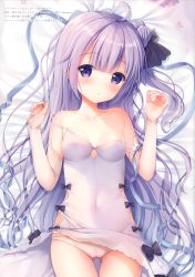 Rule 34 | 1girl, :o, absurdres, ahoge, areola slip, azur lane, bare shoulders, bed sheet, black bow, black ribbon, blush, bow, breasts, cameltoe, cleavage, covered erect nipples, covered navel, detached sleeves, dress, flower, hair bun, hair ribbon, hands up, highres, long hair, long sleeves, lying, non-web source, on back, panties, parted lips, purple eyes, purple flower, purple hair, ribbon, scan, side bun, single hair bun, single side bun, sleeveless, sleeveless dress, sleeves past wrists, small breasts, solo, sousouman, strap slip, underwear, unicorn (azur lane), very long hair, white dress, white panties