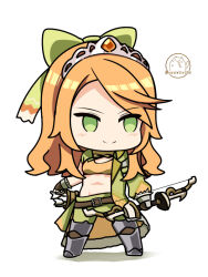 Rule 34 | 1girl, alternate costume, armor, bow, bow (weapon), chibi, coat, commentary request, crop top, etie (fire emblem), fire emblem, fire emblem engage, full body, greaves, green bow, green coat, green eyes, green pants, hair bow, holding, holding bow (weapon), holding weapon, komurice, long hair, long sleeves, midriff, navel, nintendo, orange hair, pants, simple background, smile, solo, sports bra, standing, stomach, tiara, weapon, white background